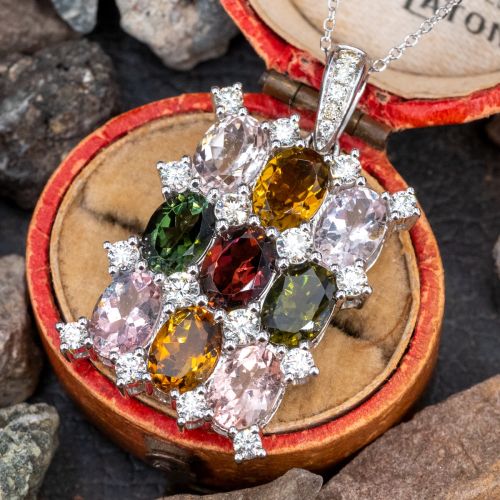 Colorful Tourmaline & Diamond Pendant Necklace 14K White Gold