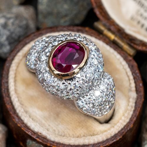 Bezel Set Ruby Dome Ring w/ Diamond Accents 14K Two Tone Gold