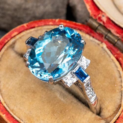 Aquamarine Cocktail Ring w/ Blue Sapphire & Diamond Accents Platinum