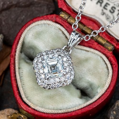 Emerald Cut Diamond Pendant Necklace 14K White Gold .90ct D/SI2 GIA