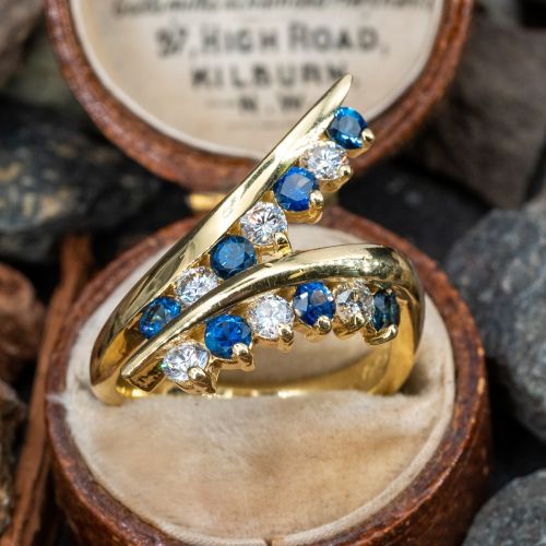 Diamond & Blue Sapphire By-Pass Design Ring 18K Yellow Gold