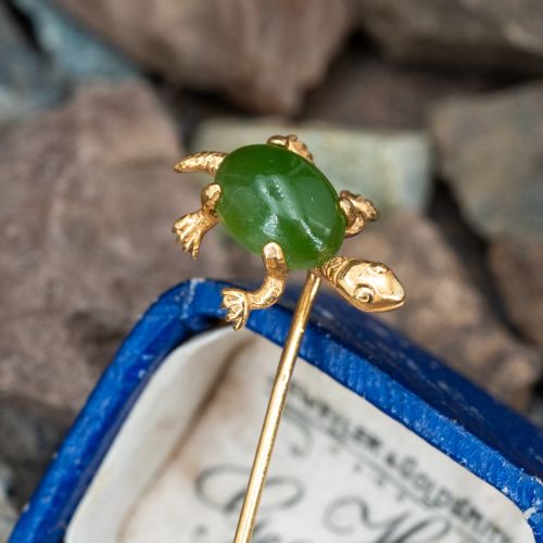 Antique Nephrite Jade Turtle Stick Pin 14K Yellow Gold
