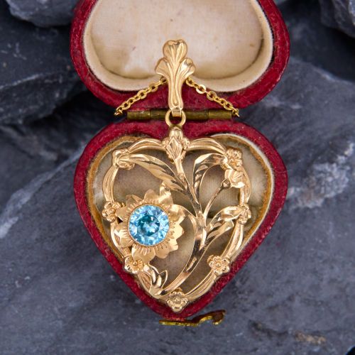 Round Blue Zircon Heart Slide Pendant Necklace Yellow Gold