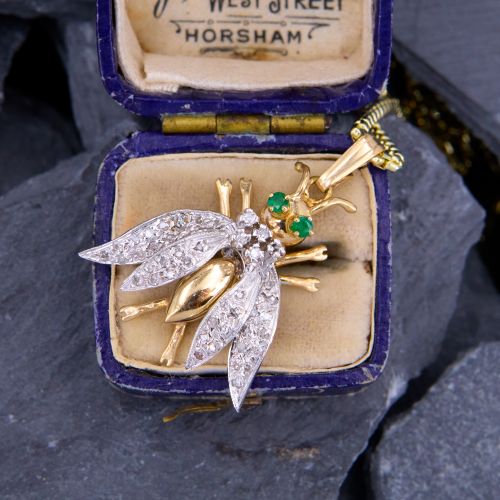 Diamond & Emerald Fly Pendant Necklace 14K Two Tone Gold