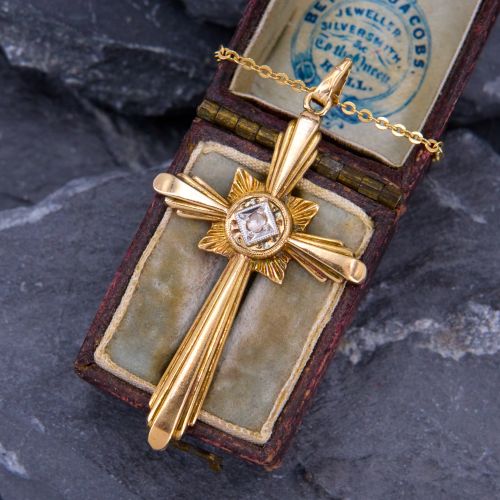 Vintage Rose Cut Diamond Cross Pendant Yellow Gold