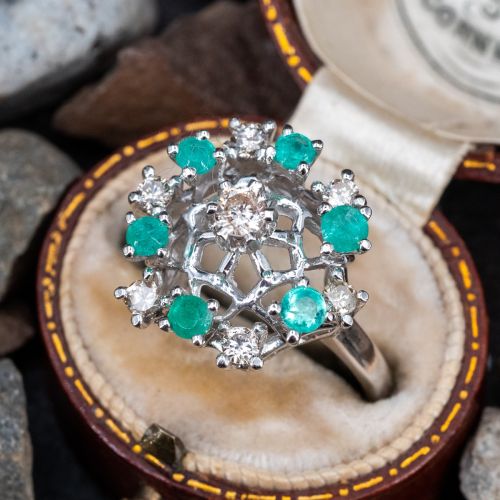 Vintage Emerald & Diamond Cocktail Ring 14K White Gold