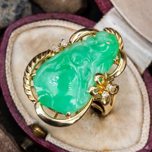 Carved Jade & Diamond Ring 14K Yellow Gold