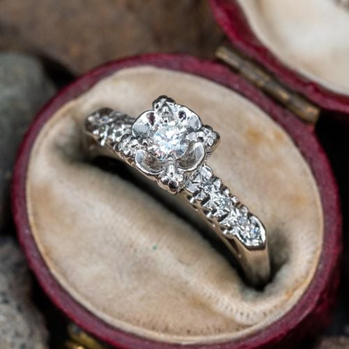Vintage Diamond Engagement Ring w/ Accents 14K White Gold .17ct G/I1