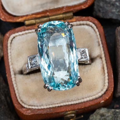 Vintage Aquamarine Cocktail Ring w/ Diamond Accents 18K White Gold