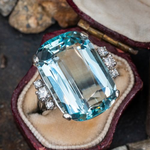 Vintage Aquamarine Cocktail Ring w/ Diamond Accents 14K White Gold