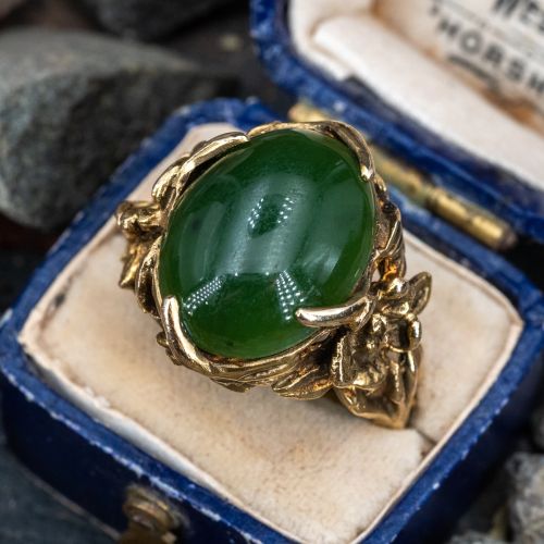 Vintage Floral Motif Nephrite Jade Ring Yellow Gold