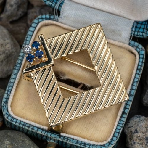 Geometric Retro Sapphire & Diamond Brooch Pin 14K Yellow Gold