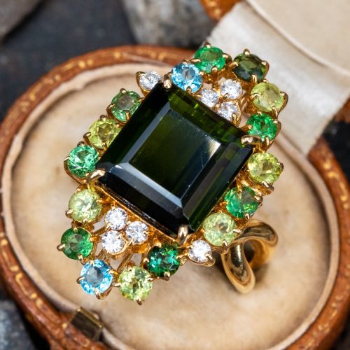 Green Tourmaline Cocktail Ring w/ Diamonds & Gems 18K Yellow Gold
