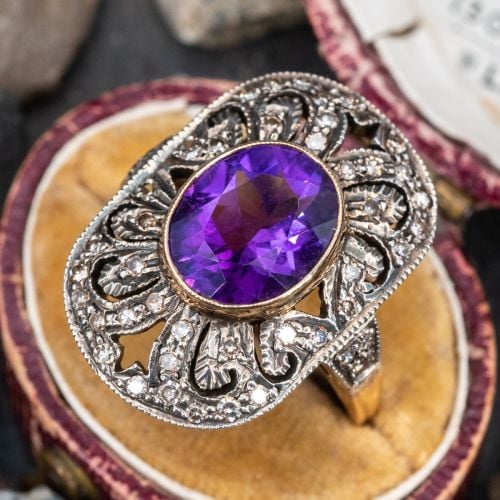 Vintage Amethyst & Diamond Cocktail Ring 18K Yellow Gold & Silver