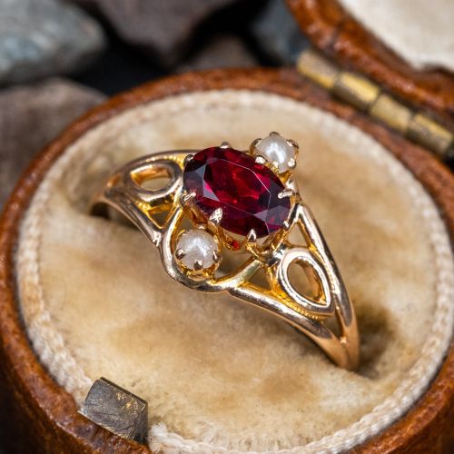 Lovely Garnet Ring w/ Seed Pearl Accents Yellow Gold