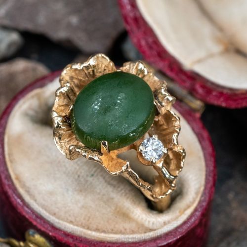 Vintage Floral Motif Nephrite Jade Ring 14K Yellow Gold