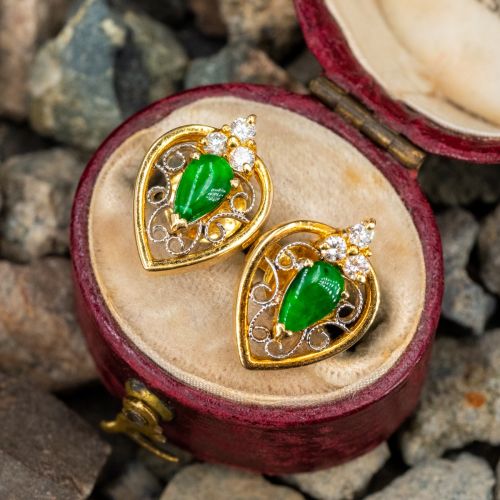 Jade & Diamond Earrings w/ Pierced Design 18K Yellow Gold