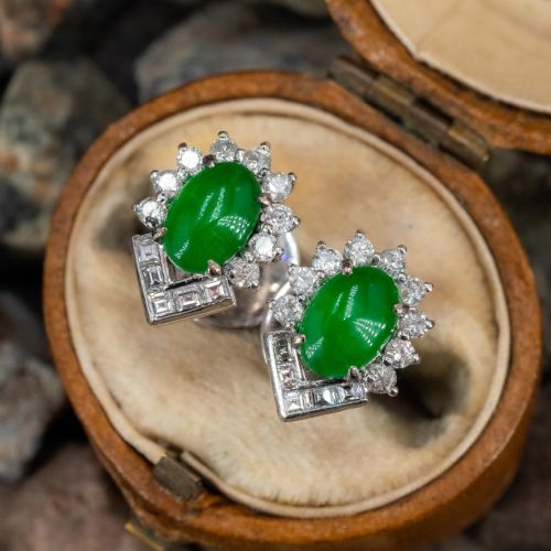 Vintage Jadeite Jade Earrings w/ Diamond Accents