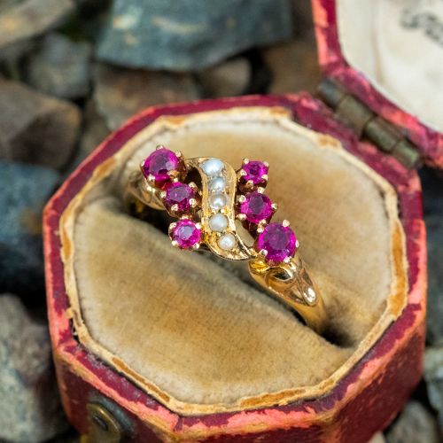 Vintage Ruby & Seed Pearl Ring Yellow Gold