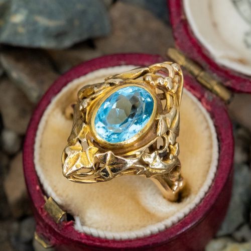 Vintage Aquamarine Filigree Ring 14K Yellow Gold