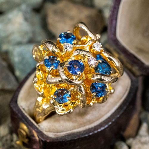 Gorgeous Blue Sapphire & Diamond Freeform Cluster Ring 14K Yellow Gold