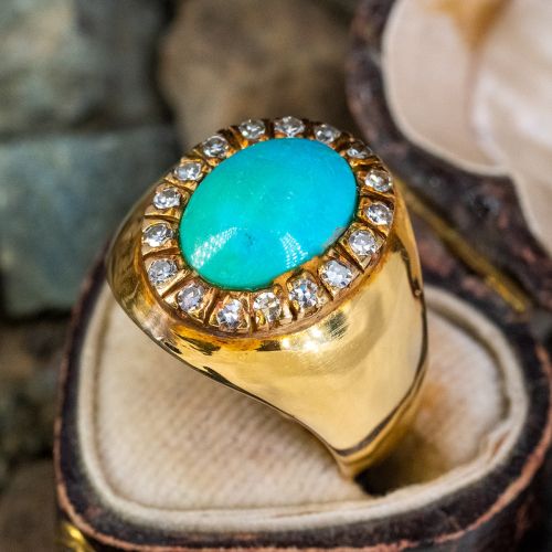 Lovely Turquoise & Diamond Halo Ring 14K Yellow Gold