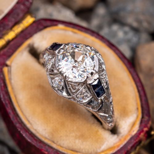 1920s Diamond Engagement Ring w/ Lab Sapphire Accents Platinum .91Ct J/SI1 GIA