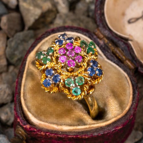 Floral Sapphire Ruby & Emerald Ring 18K Yellow Gold