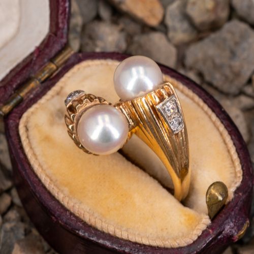 Vintage Twin Pearl Bypass Ring 14K Yellow Gold
