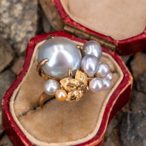 Vintage Grey Pearl Cluster Ring Yellow Gold