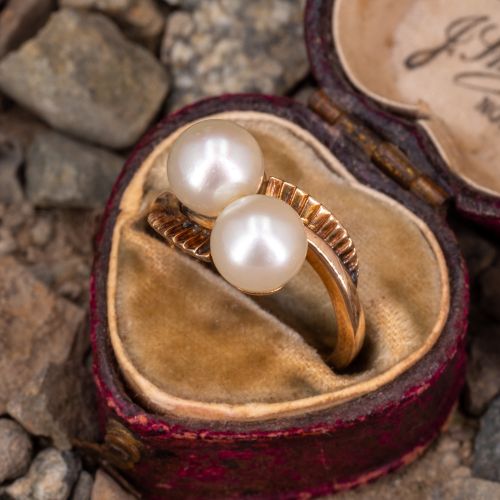Vintage Bypass Twin Pearl Ring Yellow Gold