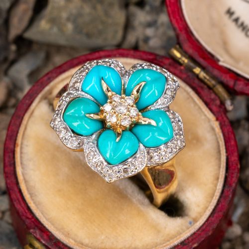 LeVian Turquoise & Diamond Flower Ring 14K Yellow Gold