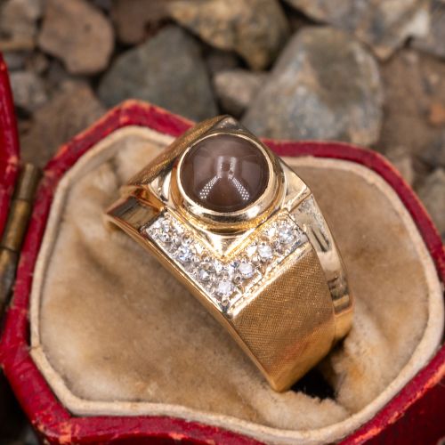 Vintage Grey Star Sapphire & Diamond Ring 14K Yellow Gold