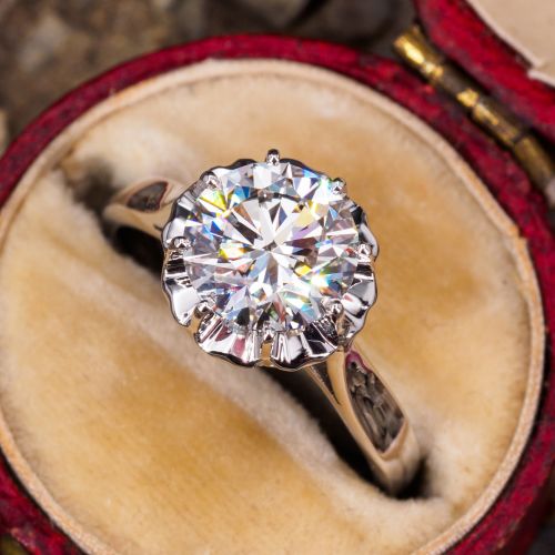 2 Carat Lab Grown Diamond Engagement Ring in Vintage French 18K White Gold Mounting