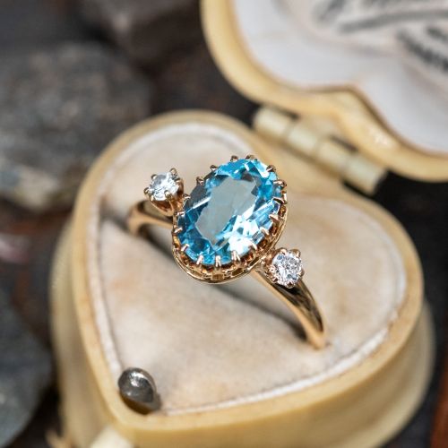 Vintage Aquamarine Ring w/ Diamonds 14K Yellow Gold