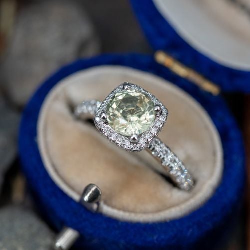 Pastel Sapphire Engagement Ring Diamond Halo 14K White Gold