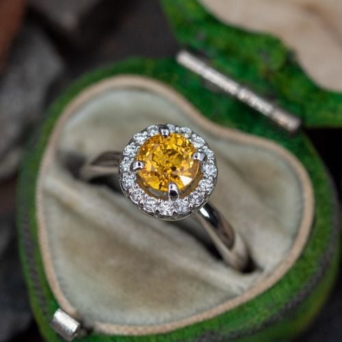 Yellow Sapphire Halo Engagement Ring w/ Diamonds 14K White Gold