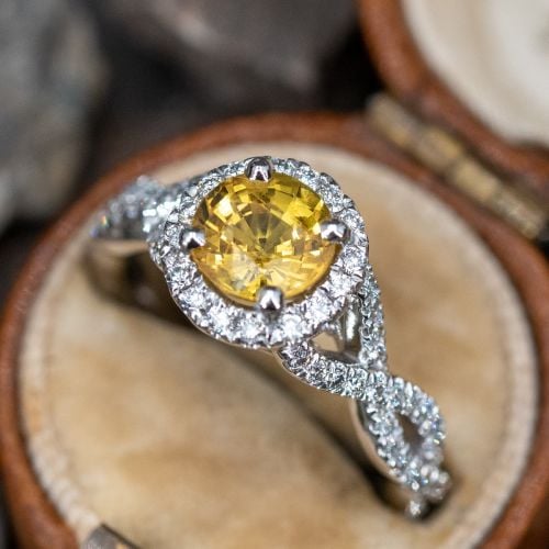 Yellow Sapphire Halo Engagement Ring w/ Diamonds 14K
