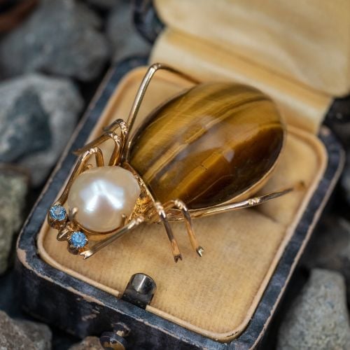Tigers Eye Bug Pin w/ Pearl Head & Sapphire Eyes 14K Gold