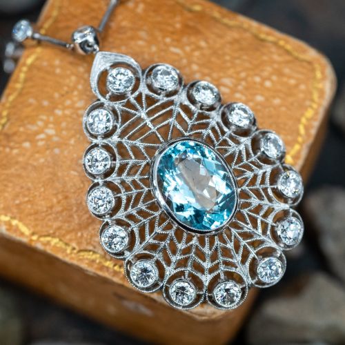 Ornate Edwardian Style Aquamarine & Diamond Pendant Necklace Platinum