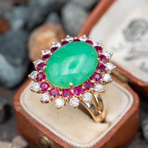 Untreated Jadeite Jade Cocktail Ring w/ Rubies & Diamonds 14K