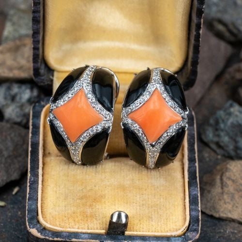 Diamond Onyx & Coral Earrings 14K White Gold