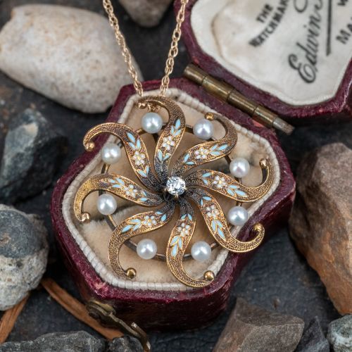 Art Nouveau Pearl & Diamond Pendant Necklace 14K Yellow Gold