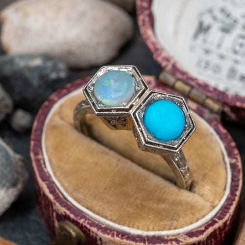 Twin Opal & Turquoise Ring 18K White Gold