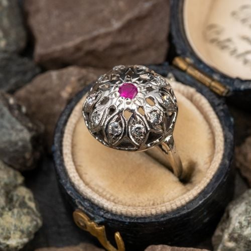 Created Ruby Floral Ring w/ Diamonds 14K White Gold