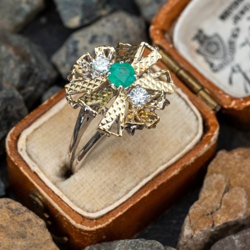 Vintage Emerald Cocktail Ring w/ Diamond Accents 18K Gold