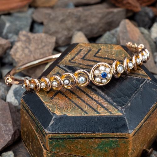 Rose Gold Bangle Bracelet Blue Sapphire w/ Seed Pearls