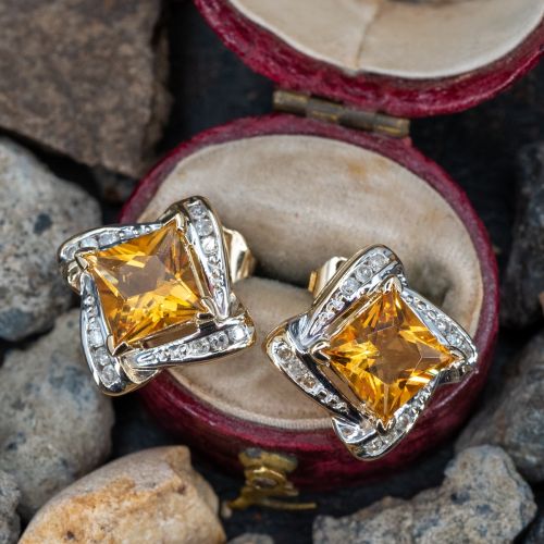 Square Citrine & Diamond Earrings 14K Yellow Gold