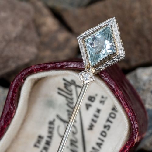 Antique Aquamarine Stick Pin w/ Diamond 18K White Gold