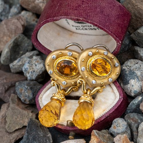 Large Citrine & Diamond Earrings 18K Yellow Gold
